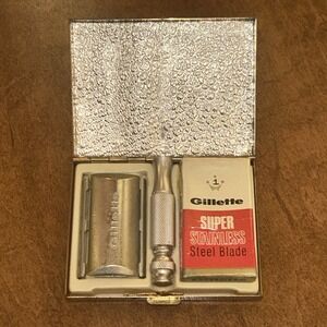 Vtg Gillette Golden Razor w Blades Case Mirror Shaving Travel‎ Blades Set Lot F1